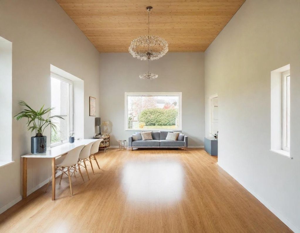 Helles Wohnzimmer Helles Wohnzimmer mit Holzdecke, Sofa, Tisch und Pflanzen.