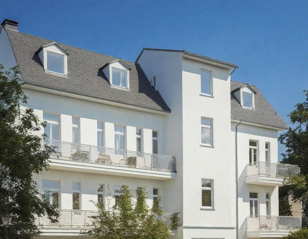 Modernes Mehrfamilienhaus Modernes Mehrfamilienhaus mit hellem Äußeren und mehreren Fenstern.